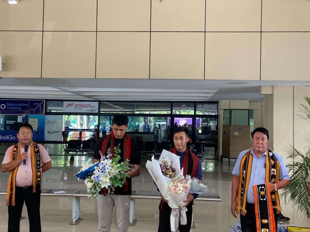 Vethozo Lohe and Avilie Zuyie after landing at the Dimapur airport on October 2.